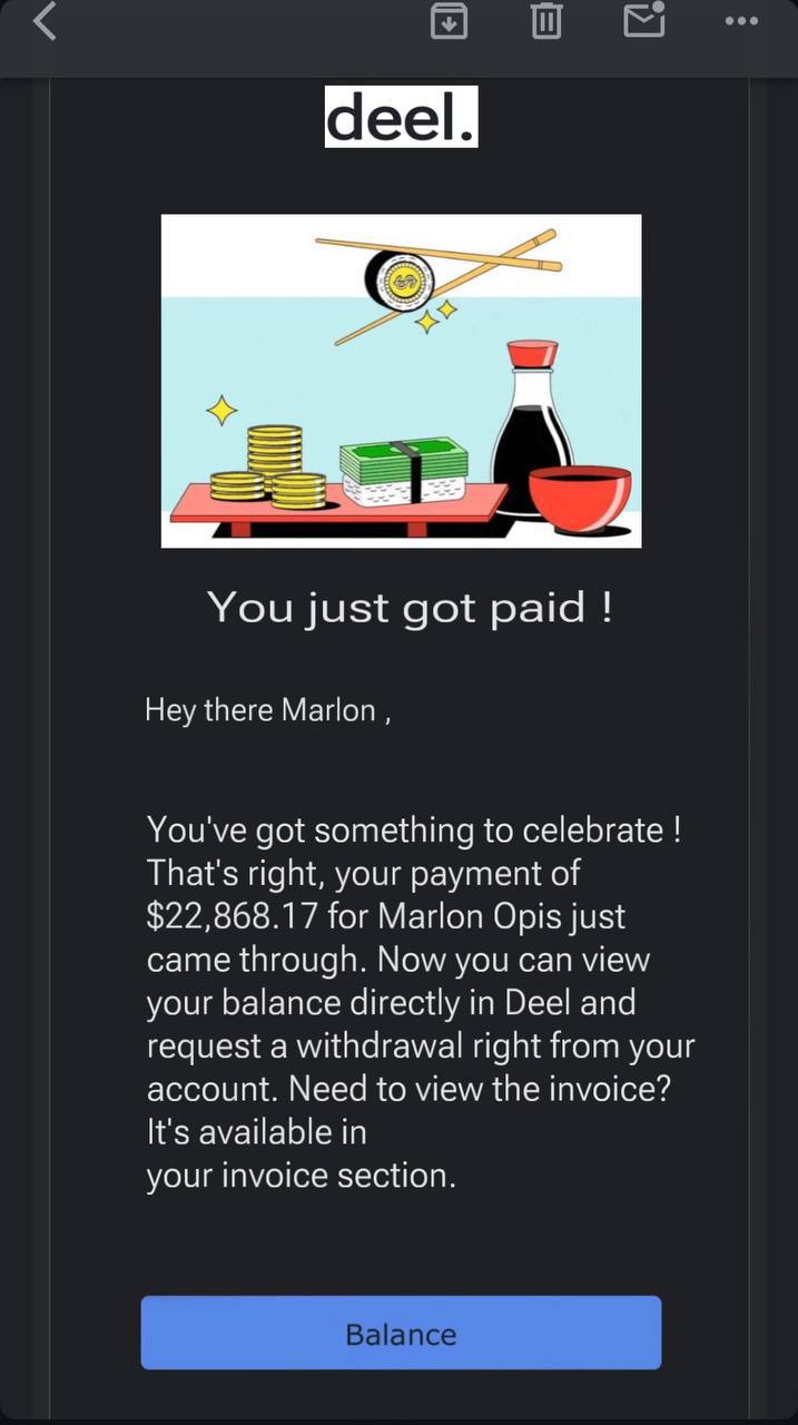 Marlon Opis Deel payout notice $22,868